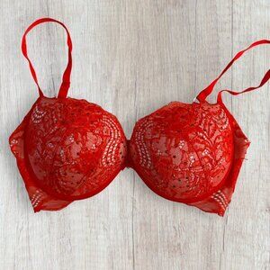 VICTORIA'S SECRET Red Lace Rhinestone Bling Plunge Padded Push Up Bra 34D